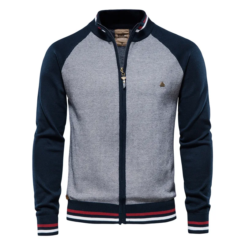 High quality cotton casual patchwork slim fit knit coat zip up sweater cardigan