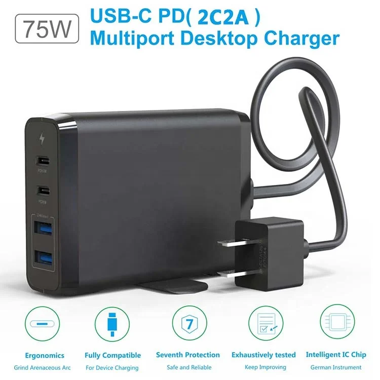 
USB Charger 75W 20V Desktop USB Charging Station with Multiple Port for iPhone iPad Galaxy Huawei Tablet 