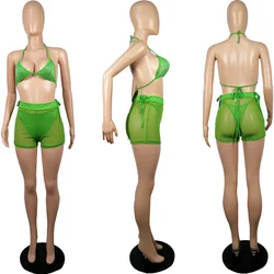 2022 Women 3 Piece Swimsuits Halter Rhinestone Bikinis & Beachwear Sexy Mesh Bath Suit
