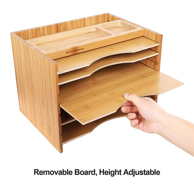 Office desk organizer adjustable height removable 5 tier a4 bamboo document letter magazine file tray