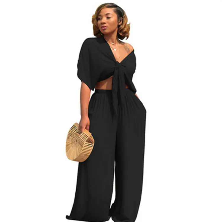 
Summer Women Loose Wide Leg Pants 2 Piece Clothing Set Bandage Lace Up Crop Top V Neck Work Female Two Piece Matching Set 