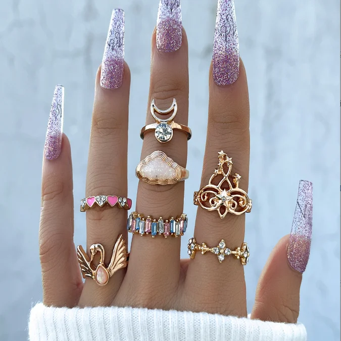 QIFEI Fashion Personality White Cloud Swan Ring Set Women Diamond Moon Love Oil Drip Rings Set 7pcs