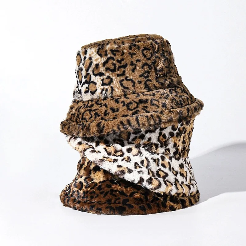 Winter Warm Gradual Leopard Pattern Fisherman Hat with Fake Fur Warm Ear Protect Adjustable Basin Hat Wholesales