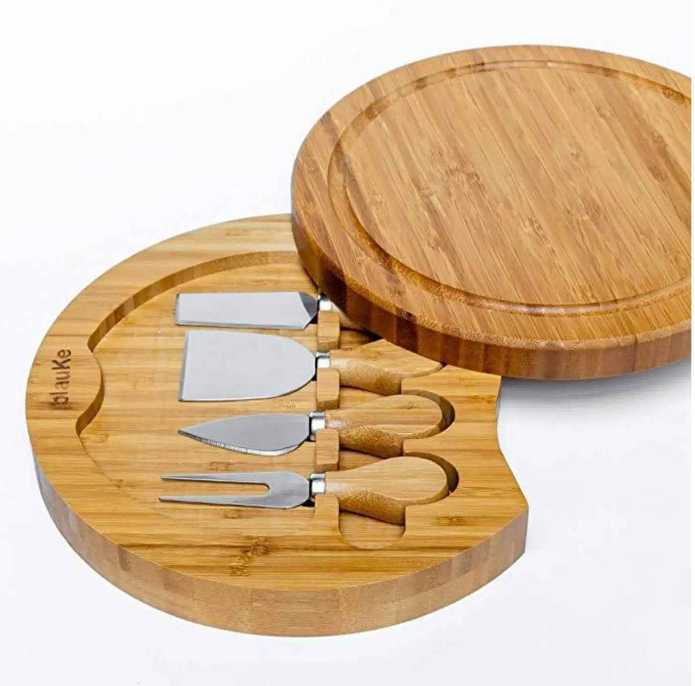 Wholesale Bamboo cheese board and knife set with cutlery set round charcuterie boards