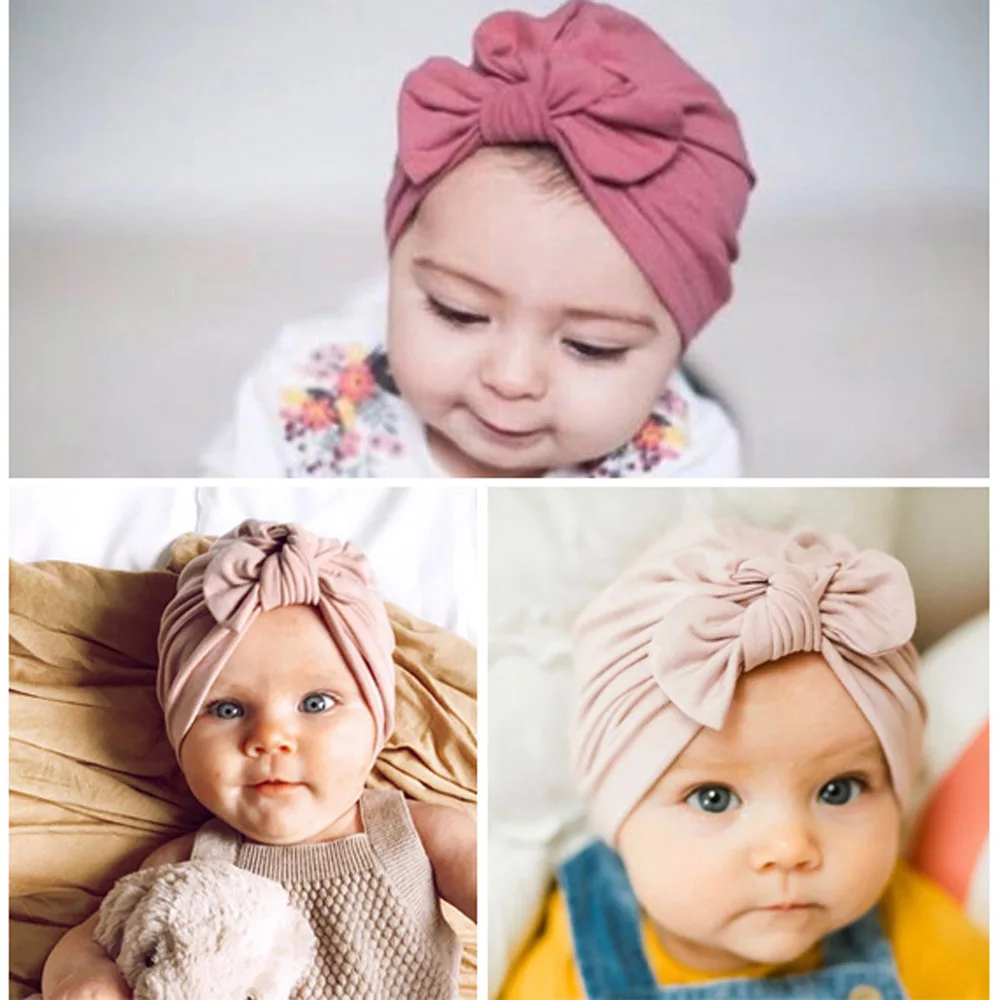 Cute Bows Baby Girls Hat Solid Cotton Hat Beanie Turban Infant Toddler Kids Hat Bonnet Newborn Photography Props