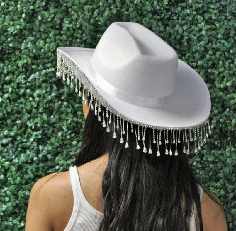 Wholesale Gift Pink Cowgirl Hat Girl Bride Festival Party Hats Female Western Felt Cowboy Hat with Rhinestone Tassel