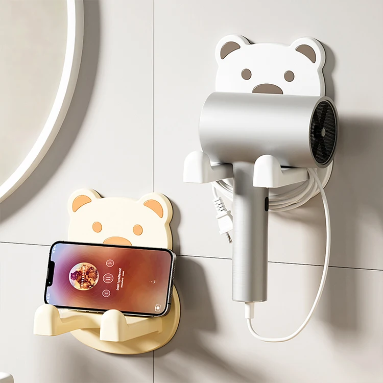 Cartoon bear cute plastic wall mounted blow dryer hanging placement storage rack bathroom hair dryer holder