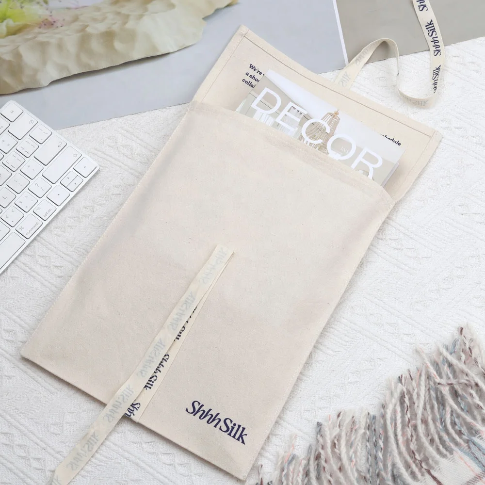 Eco-Friendly Black Canvas Envelope Clothes Packaging Shopping Bag With Ribbon Custom Logo Printed Cotton Gift Flap Dust Bag