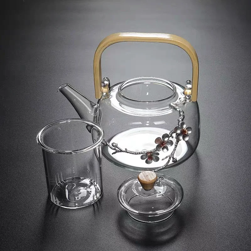 Custom 2022 new design High borosilicate hammer pattern glass tea kettle handle pot tea set 1100 ml