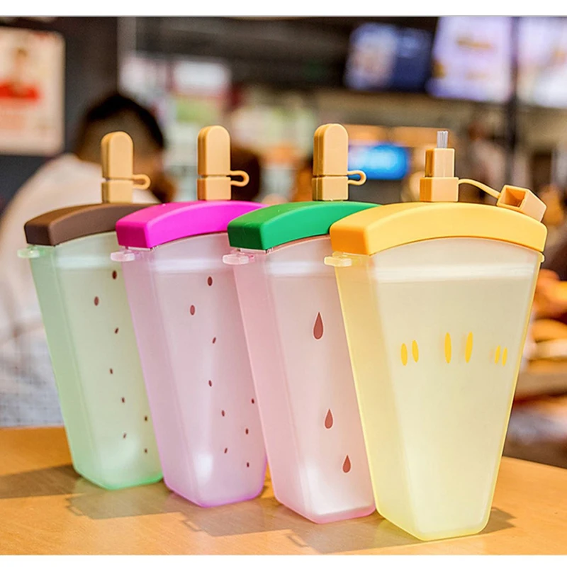 summer creative fruit ice cream straw cups anti-drop novelty watermelon children water bottle popsicle water bottle with strap