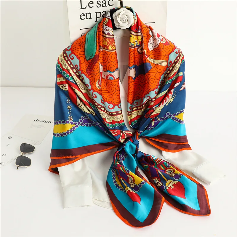 Элегантный шелковый шарф в стиле ретро, женский шелковый шарф с принтом, подходящие цвета шарфы для путешествий, солнцезащитное украшение, большой квадратный