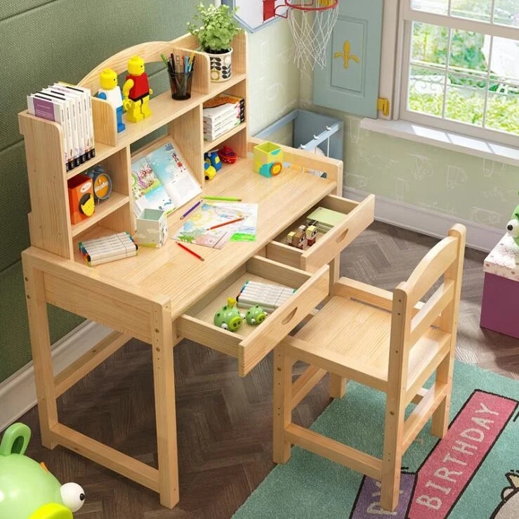 Solid Wooden Kids Study Table With Shelf and Chair Set For Children Furniture Set