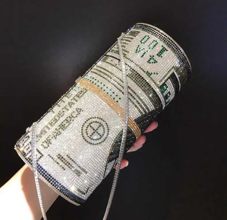 New Design Woman Luxury Roll Diamond Money Purse Bag Clutch 100 Dollar Handbag Ladies Evening Rhinestone Party Purse