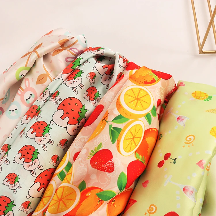Factory supply Custom pattern vitamin strawberry light satin chiffon printed fabric for dress