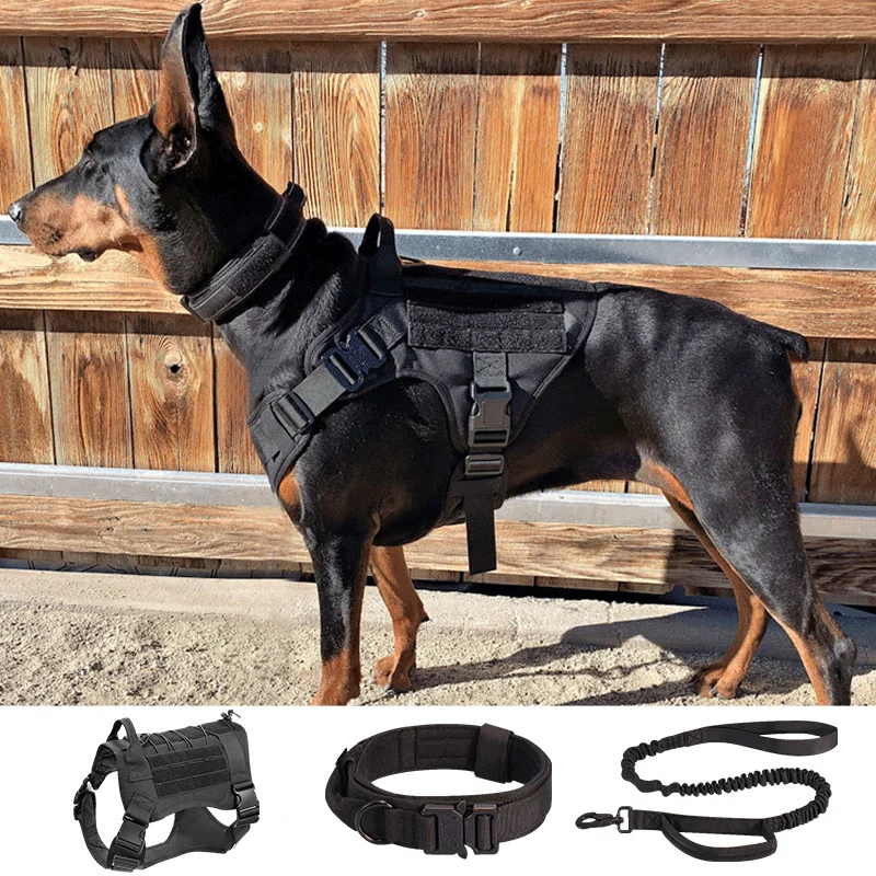 Heavy Duty Adjustable Nylon Pet Dog Collar Leash And Harness Set Strong Large Dog K9 Tactical Vest Harness Set For Dog