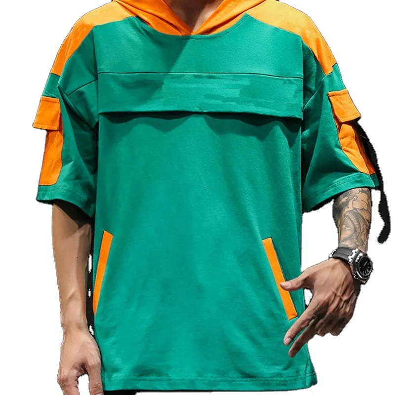 Hipster multi pockets swag short sleeve streetwear Men T shirt Fashion colorful splice hooded  Hip Hop Men Oversized Tees Tops