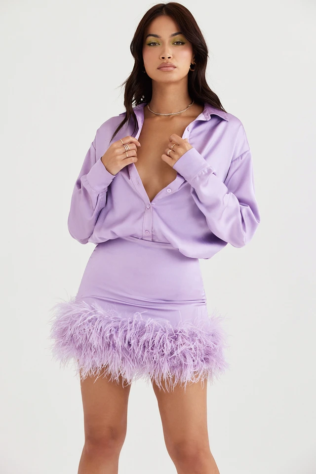 RedHK Custom High Quality New Arrives Women British Fashion Brand Womens Clothes Autumn 2021 Designer Satin Shirt Fur Hem Dress