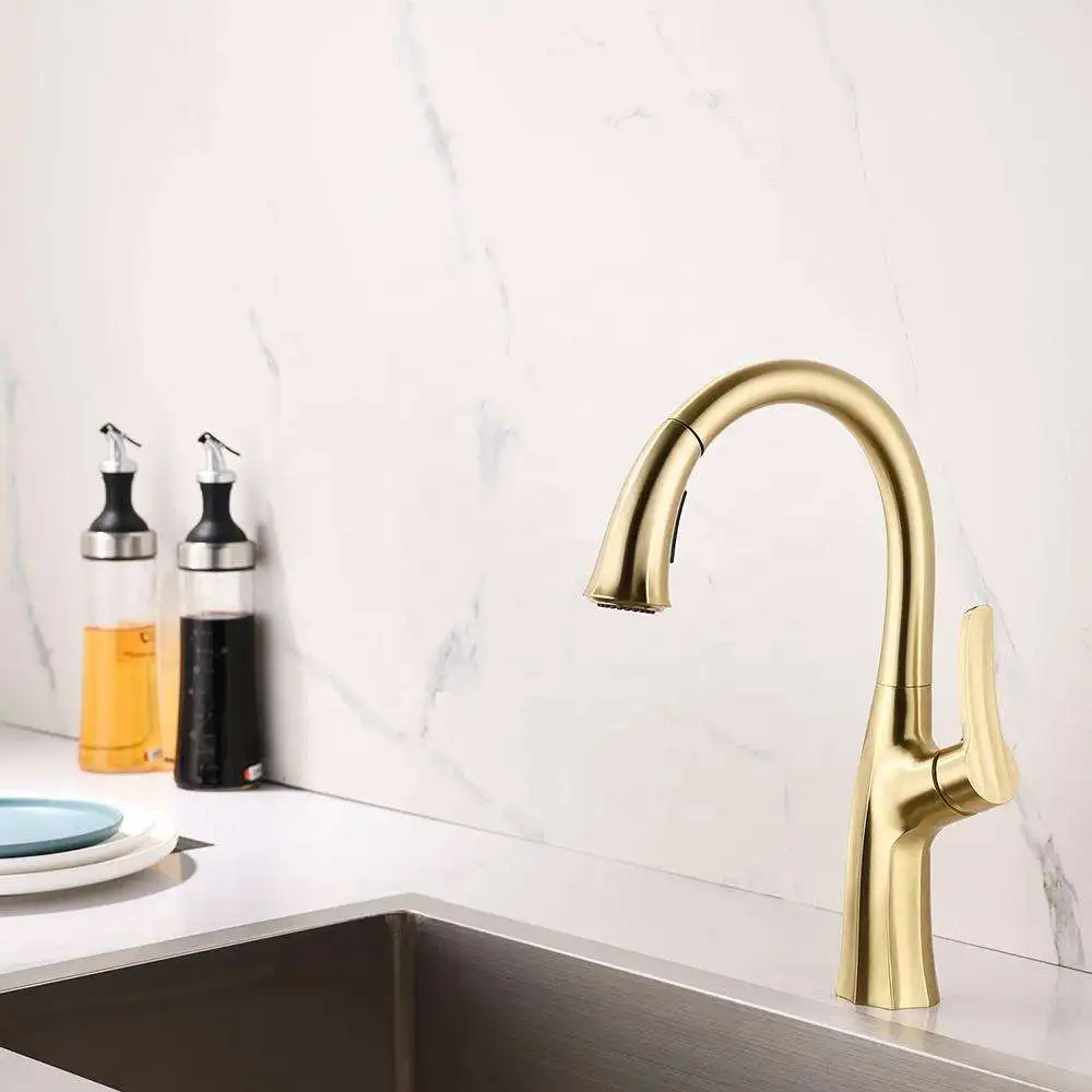 cUPC Brass Brushed Gold Pull Down Water Mixer Sprayer Kitchen Sink Faucet