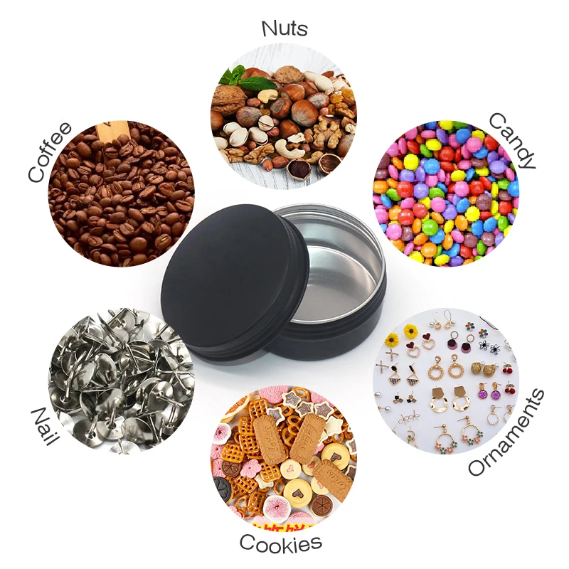 Metal aluminum black small round tin box for cosmetic