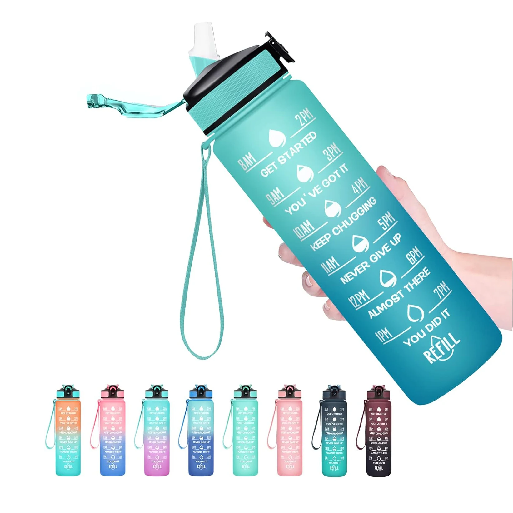 Wholesale gradient color 1l 32oz plastic water bottle Motivational Drinking Sports Water Bottle with time marker