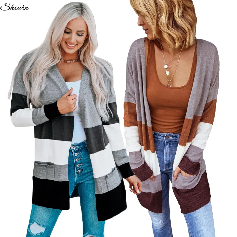 Fall Winter 2024 Casual Open Front Cardigan Sweater Long Sleeve Color Block Knitted Cardigan For Women