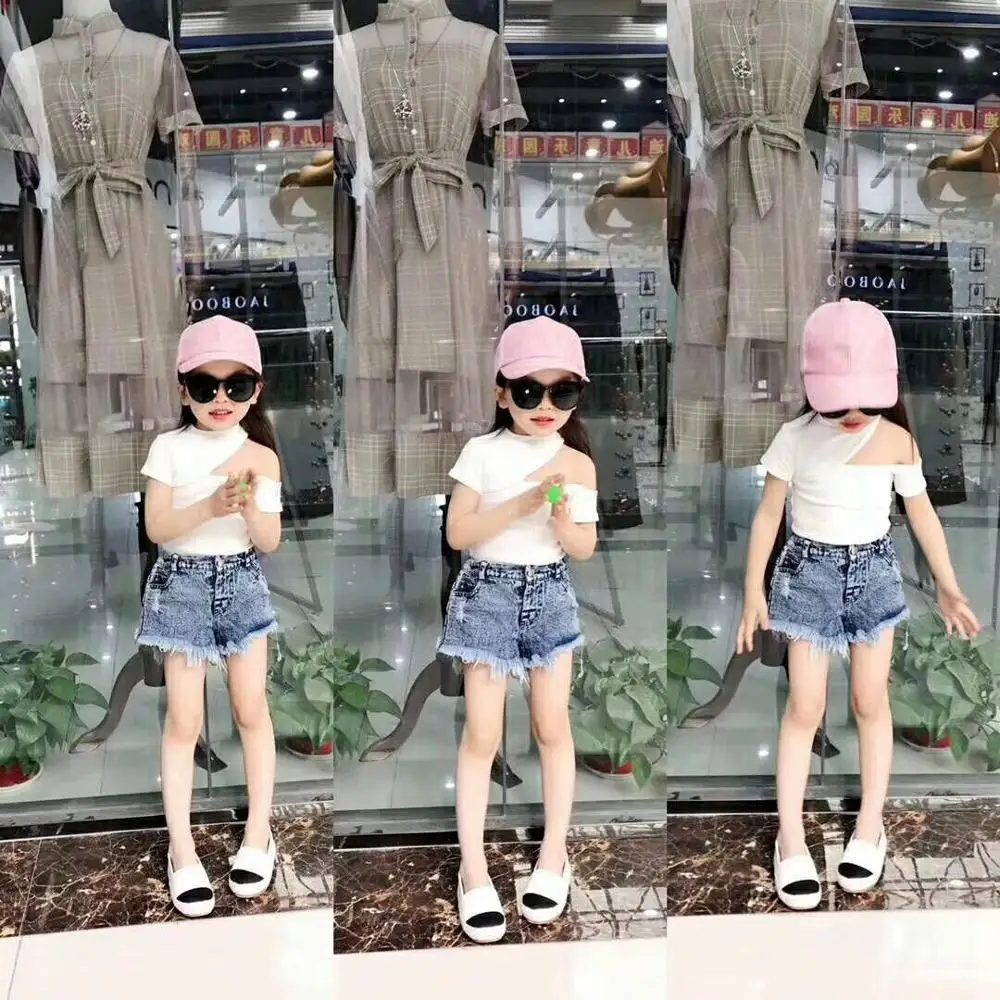 
Fashion Toddler Girl Modal cotton Off The Shoulder Summer Shirt Cute Girl Blue Black White Stylish Bottoming Shirt 