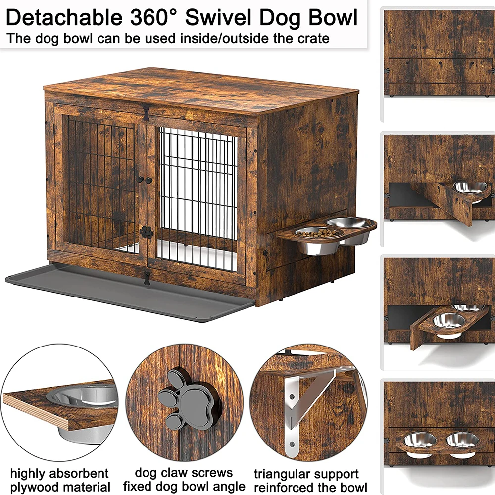 Pet Friendly Furniture Comfortable Dog Cottage Dog Crate End Table with Feeder Puppy Bed House