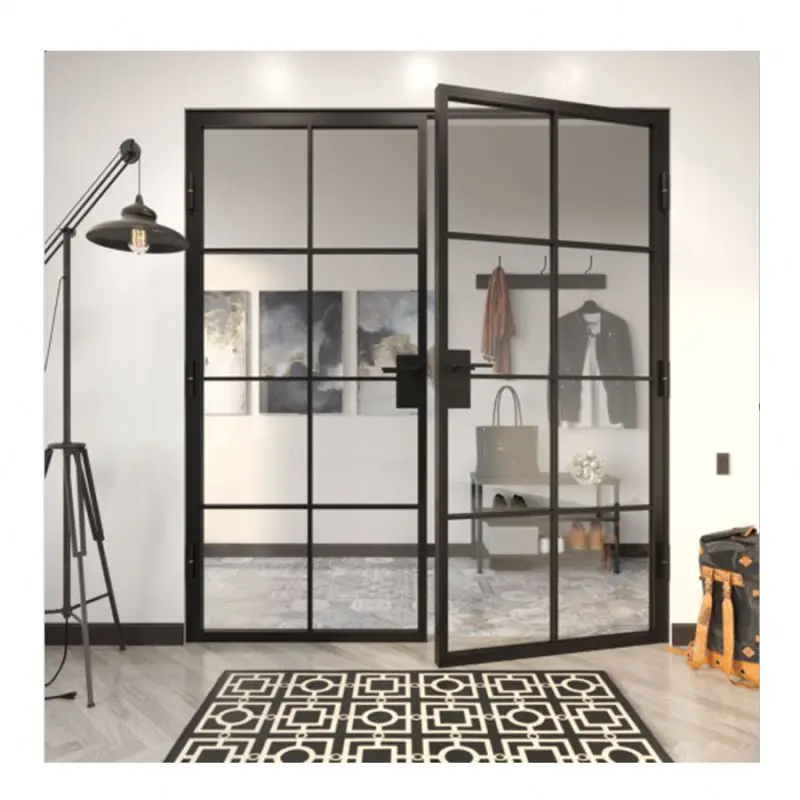 Modern Interior Office Partition Garden Patio French Style  Powder Coated Black Glass Door With Steel Frame
