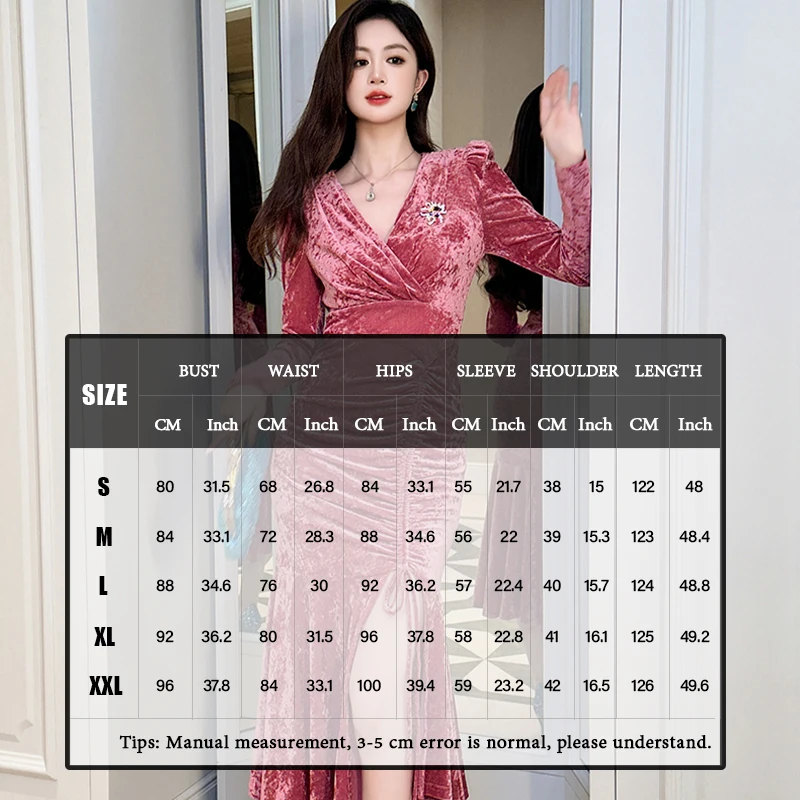ZYHT 30995 Wholesale Ruched Split Sexy Christmas Gowns For Ladies Evening Dresses Long Sleeve Velvet Pink Women Winter Clothes