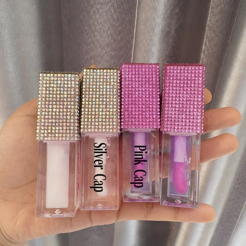 2024 New Big Brush Lip Oil 37 Colors Private Label Shiny Lip Oil Vegan Clear Lip Gloss with Rhinestone Tubes