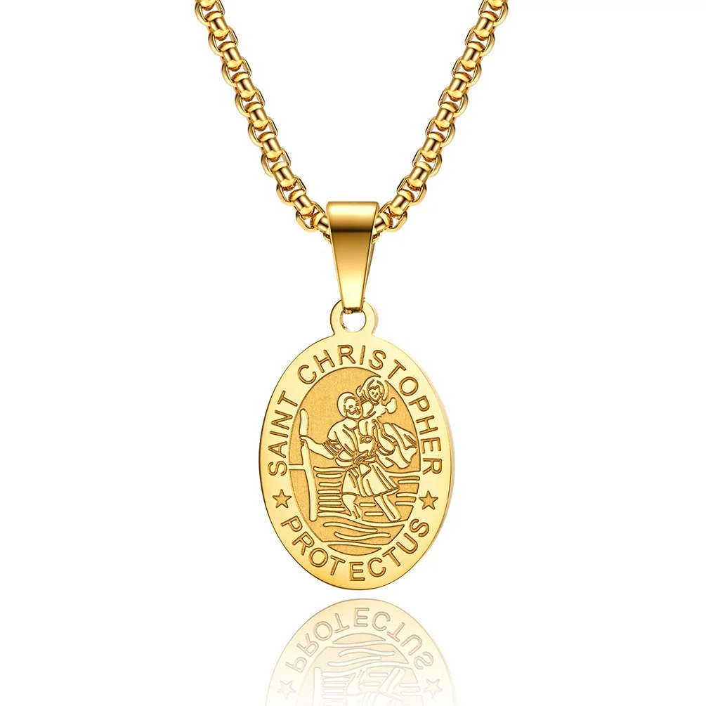 stainless steel religious in gold silver plated st saint christopher protect us charm necklace