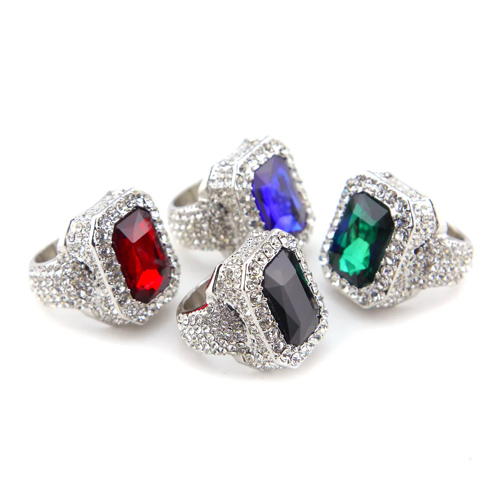 Iced Out Hip Hop Full Diamond Rings Ruby Emerald Obsidian Sapphire Rings Silver Gold HipHop Women Mens Finger Rings