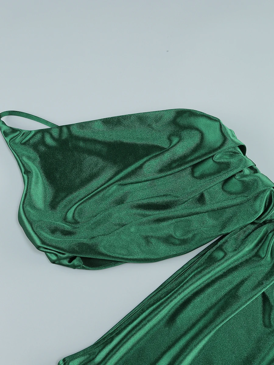 SB3174 Wholesale Sexy Women Long Maxi Split Dress Green Single Shoulder Halter Sexy Backless Silk Satin Evening Party Dress