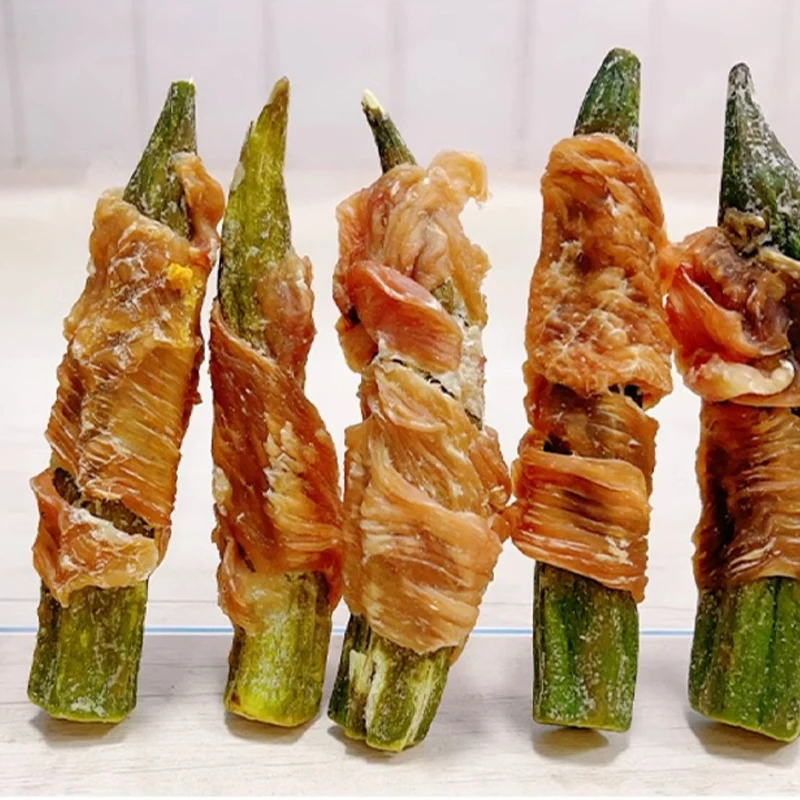 Wholesale Healthy Cat and Dog Food High in Vitamin and Protein Dried Okra Twined by Chicken Vegetable Tasted Snack Treats