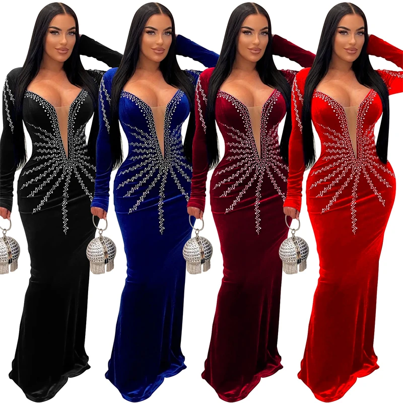 prom quinceanera dress 2023 long sleeve velvet velour rhinestone bead evening gowns dress elegant plus size sexy sweet ball gown
