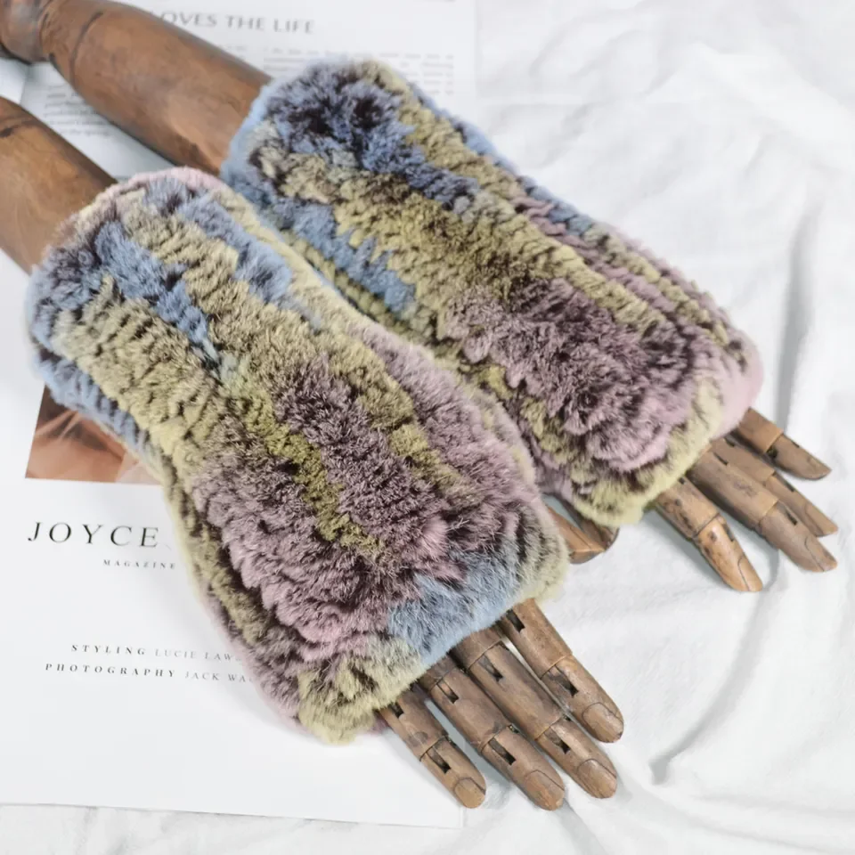 MWFur Fashion Elastic Hand Knitted Winter Warm Girl Fingerless Gloves Rex Rabbit Fur Gloves Mittens For Lady Girls