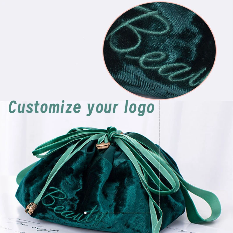 Fabric Cosmetic Storage Bag Customized Lay Flat Makeup Pouch Lazy Drawstring Makeup Bag Wholesale Soft Flannel for Women OEM