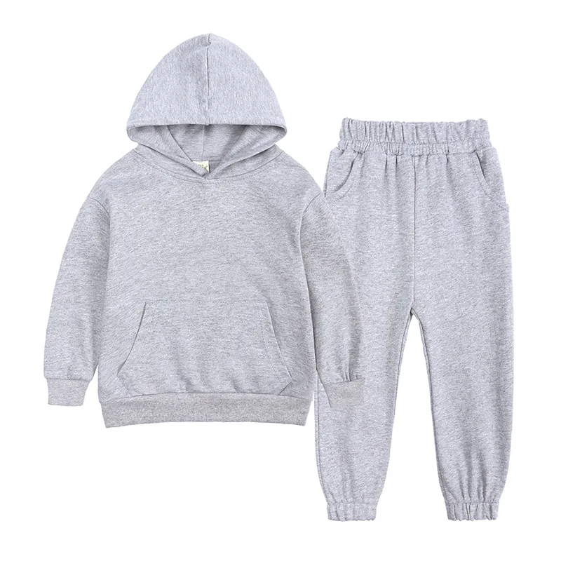 Customize kids clothing your brand cotton fleece winter clothes for kids plain children hoodie set