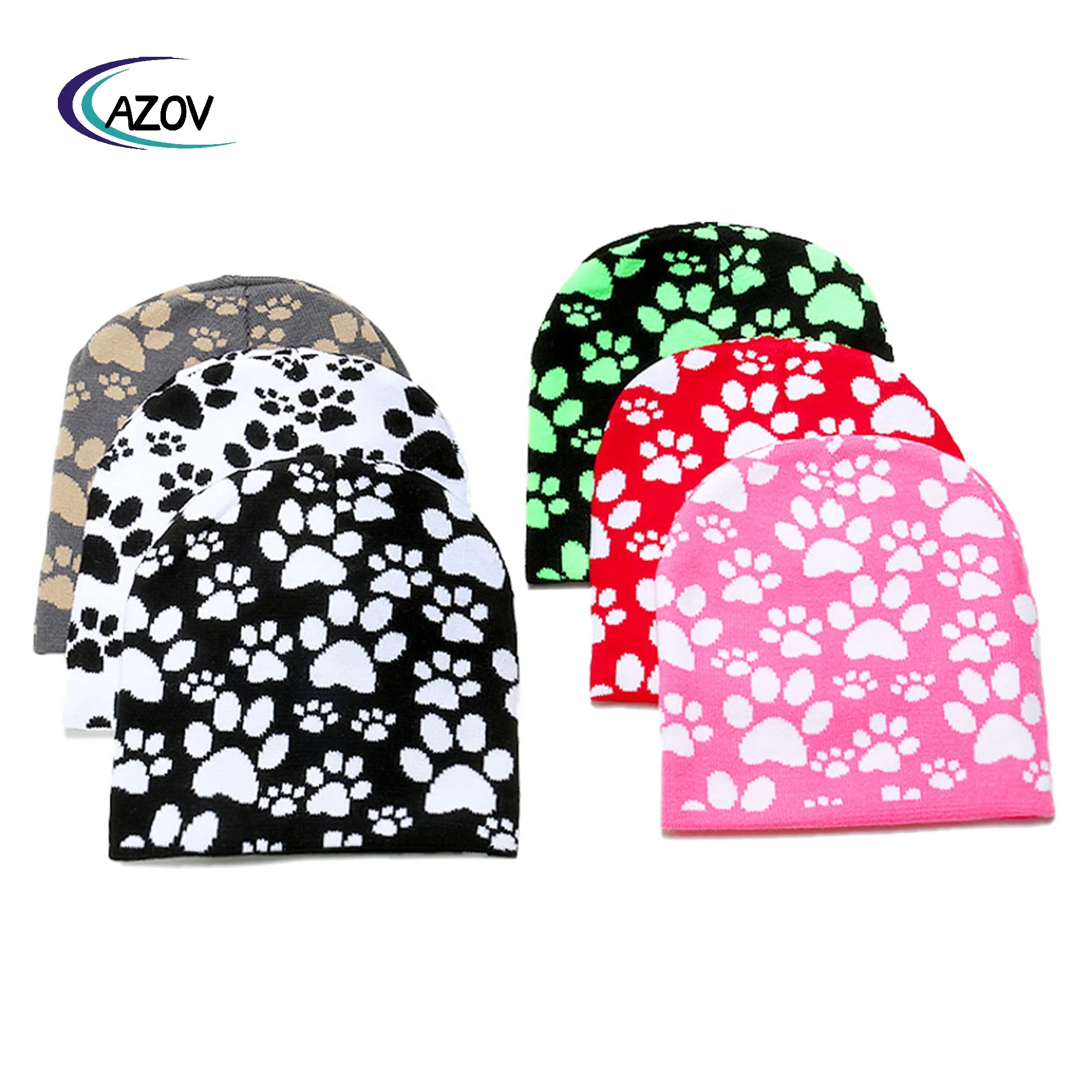 Autumn  Winter New Warm Hat Cute Dog Paw Prints Jacquard Woolen Cap Animal Knitted Hat Female 2025