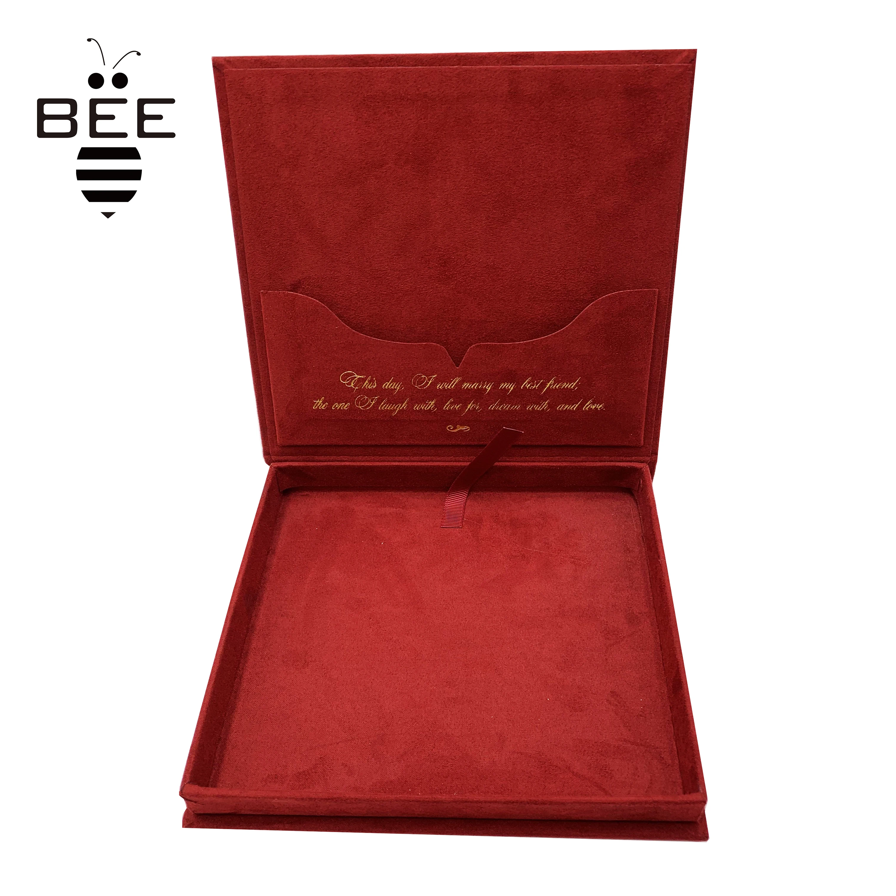 Invitation card packing red box cardboard luxury packaging boxes with paper velvet insert for wedding invitation