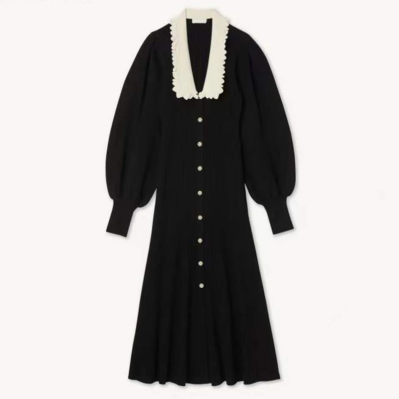 Женское трикотажное платье-миди с кружевным воротником и рукавами-фонариками