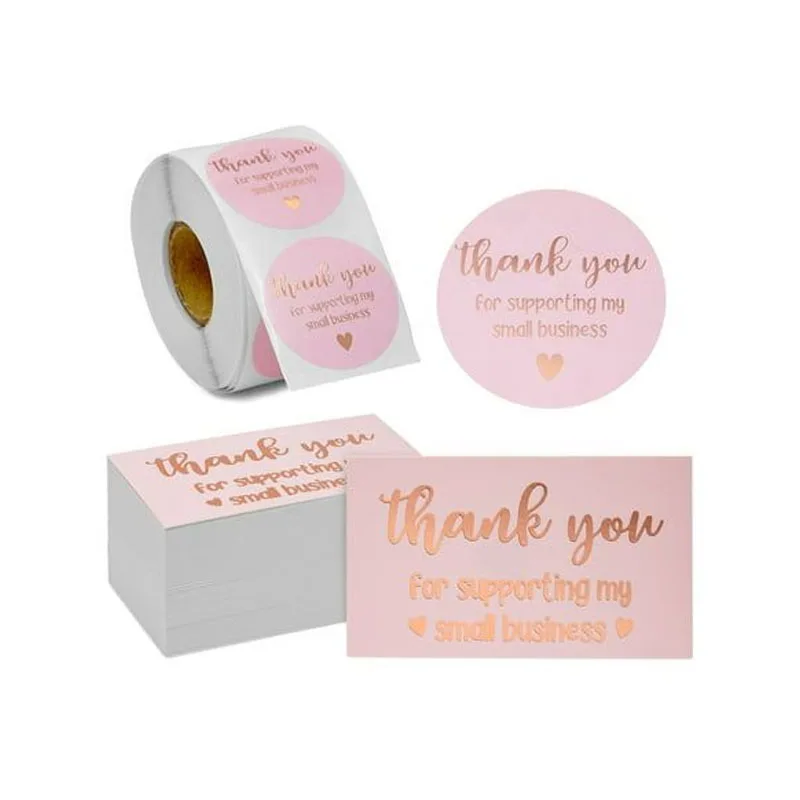Customized logo pink thank you sticker self-adhesive packaging label with thank you card