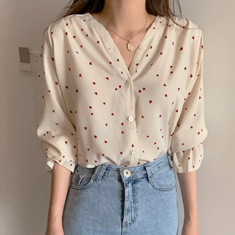 2024 Spring Autumn Women Love Printed Chiffon Shirts Single-breasted Tops Vintage Streetwear Female Long Sleeve V-neck Blouse