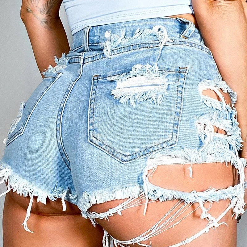 Summer Ripped Jeans Shorts For Women High Waist Hole Blue Denim Hot Shorts Female Fashion Streetwear Bottoms