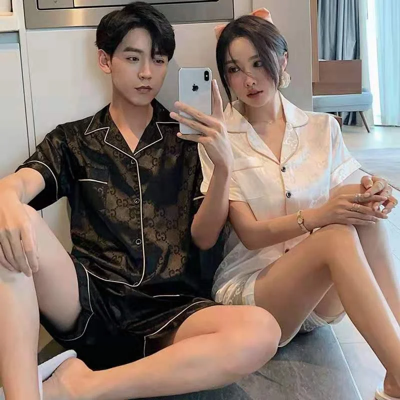Одежда в наличии парная одежда пижама атласный Шелковый летний пижамный комплект роскошная для сна женская большого размера мужская