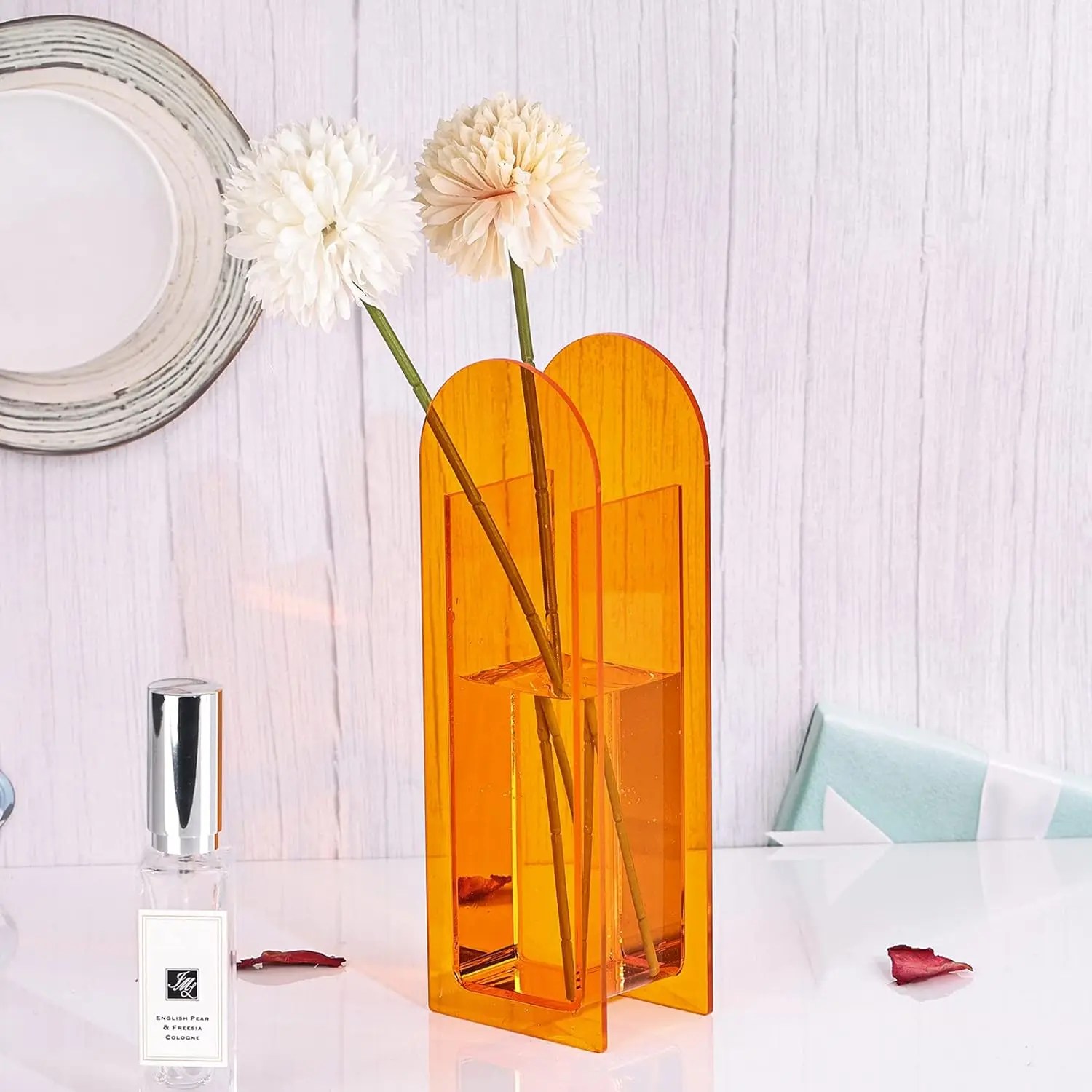 Modern Orange Geometric Acrylic Flower Vase Wide-Mouth Small Tabletop Bud Vase with Orange Flowers for Desk Centerpieces