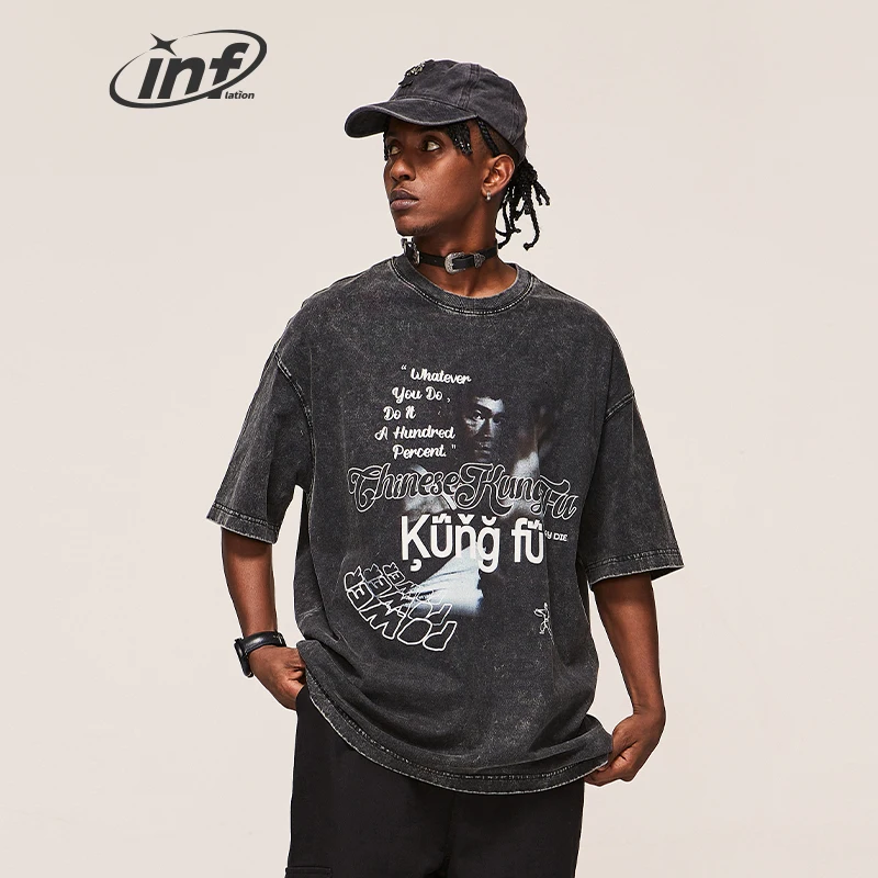 INFLATION Washing Lee Kongfu Printed Tshirt Heavyweight Custom Oversize Men Street T-shirt