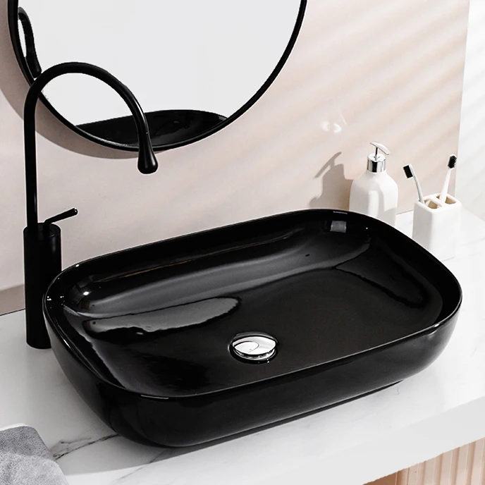 Modern Sanitary Ware Above Counter Top Ceramic Bathroom Sink Gloss Black Hand Wash Basin