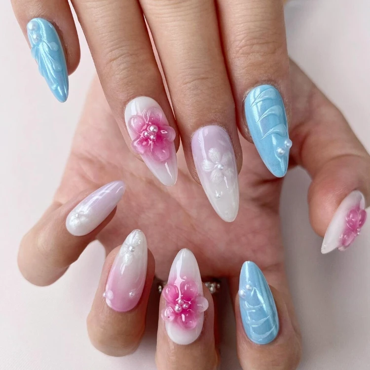 2025 Luxury Almond Pattern 3D Press-On Gel Nails 10pcs High Quality Soft ABS Acrylic Handmade Reusable Nail Art Model Design