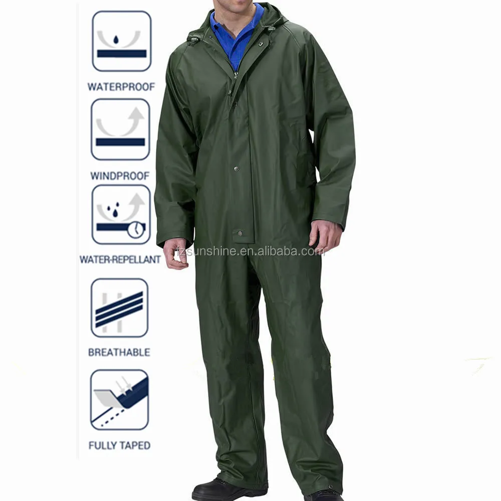 Hooded Waterproof work wear coverall with reflector PU saturn yellow rain coverall